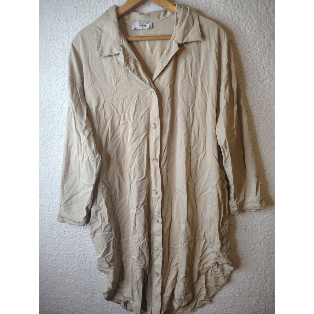Sadie & Sage Tan Button Down Shirt Dress Long Sleeve Khaki Tunic Medium